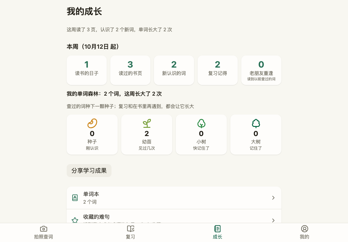 成长页的单词森林：种子、幼苗、小树、大树的数量